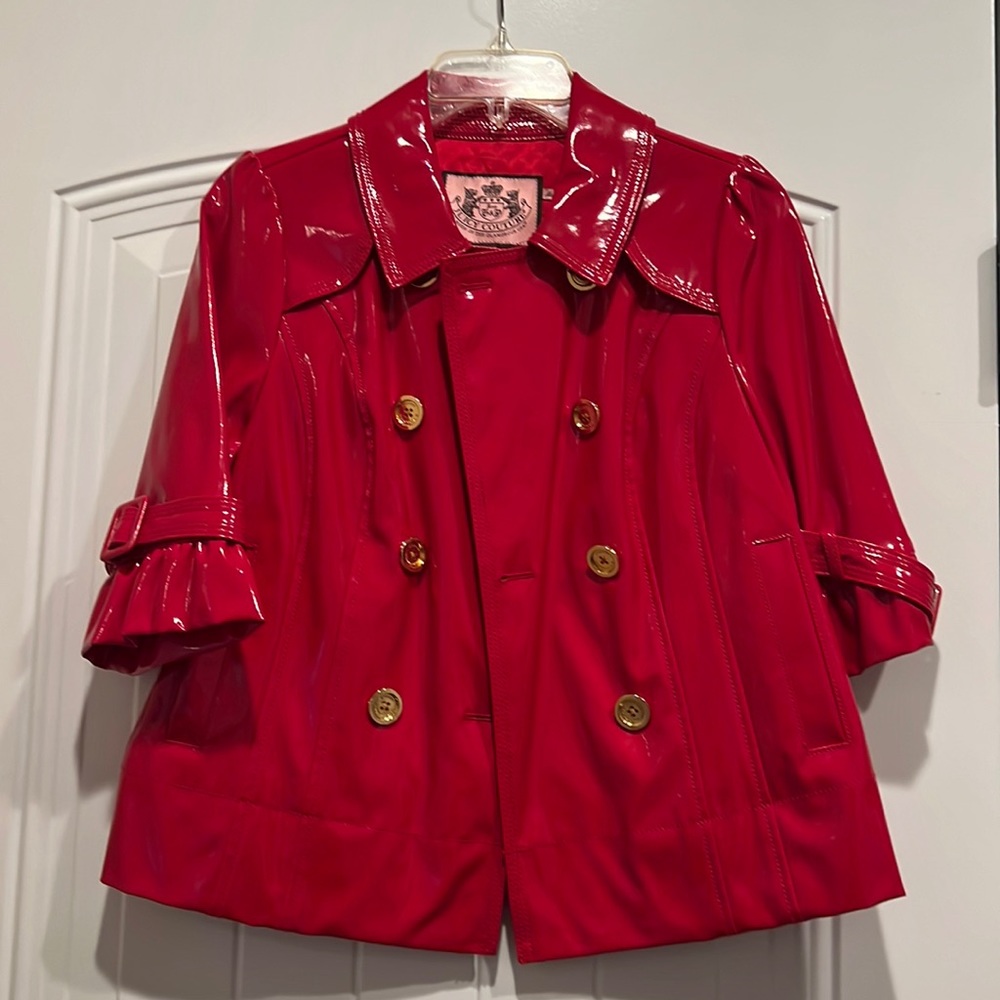 Juicy couture patten red leather crop bell sleeves. Gold hardware coat size S